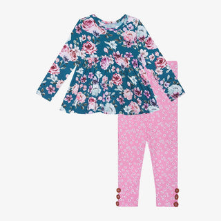 Girl's Bamboo Long Sleeve Peplum Top & Legging Outfit Set - Keisha (Floral) Posh Peanut