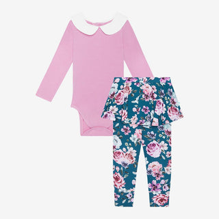 Girl's Bamboo Long Sleeve Peter Pan Collar Bodysuit & Skirted Legging Outfit Set - Keisha (Floral) Posh Peanut