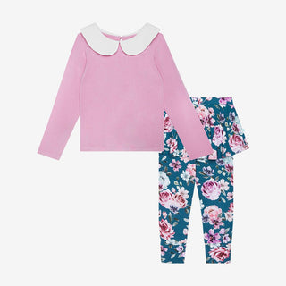 Girl's Bamboo Long Sleeve Peter Pan Collar T-Shirt & Skirted Legging Outfit Set - Keisha (Floral) Posh Peanut