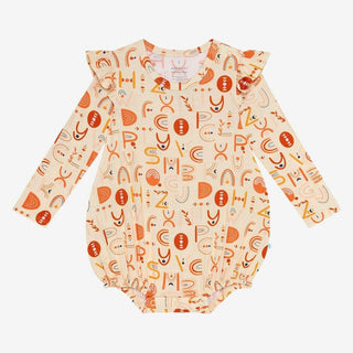 Posh Peanut Girls Long Sleeve Ruffled Bubble Romper - Alphabet Medley