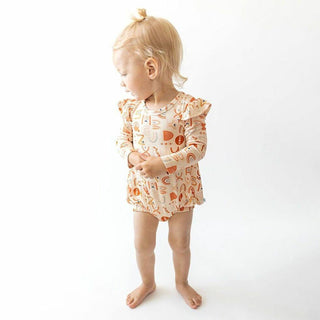 Posh Peanut Girls Long Sleeve Ruffled Bubble Romper - Alphabet Medley