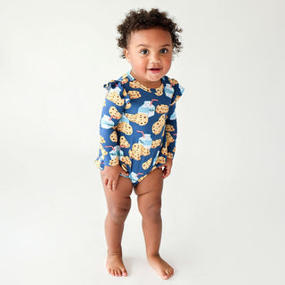 Posh Peanut Girls Long Sleeve Ruffled Bubble Romper - Milk and Cookies