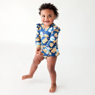 Posh Peanut Girls Long Sleeve Ruffled Bubble Romper - Milk and Cookies