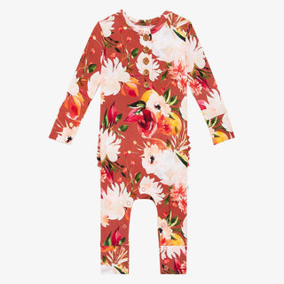 Girl's Bamboo Long Sleeve Ruffled Henley Romper, Leonora (Floral) Baby One-Pieces