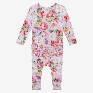 Girl's Bamboo Long Sleeve Ruffled Henley Romper, Pari (Floral) Baby One-Pieces