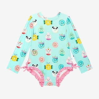 Girl's Long Sleeve Ruffled Rash Guard Swimsuit - Donuts Posh Peanut