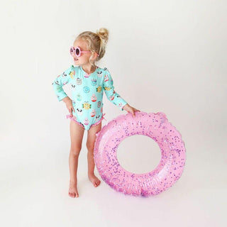 Girl's Long Sleeve Ruffled Rash Guard Swimsuit - Donuts Posh Peanut