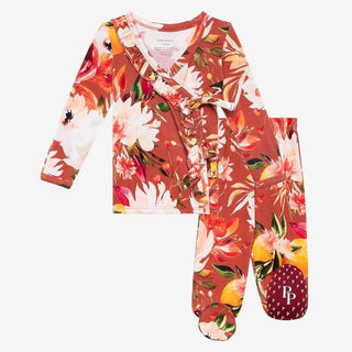 Girl's Bamboo Long Sleeve Tie Front Ruffled Kimono with Footed Legging Set, Leonora (Floral) Baby & Toddler Outfits