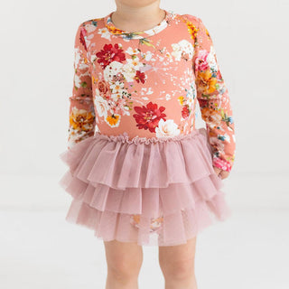 Girl's Bamboo Long Sleeve Tulle Skirt Bodysuit - Celia (Floral) Posh Peanut