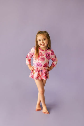 Posh Peanut Girls Long Sleeve Twirl Skirt Rash Guard Swimsuit - Amira Floral