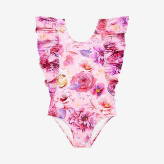 Posh Peanut Girls One Piece Ruffled Flutter Sleeve Swimsuit - Amira Floral