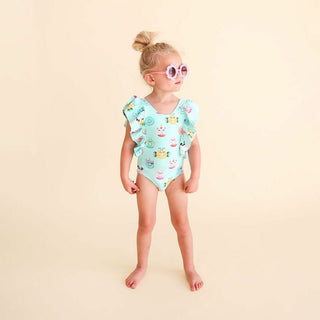 Girl's One Piece Ruffled Flutter Sleeve Swimsuit - Donuts Posh Peanut