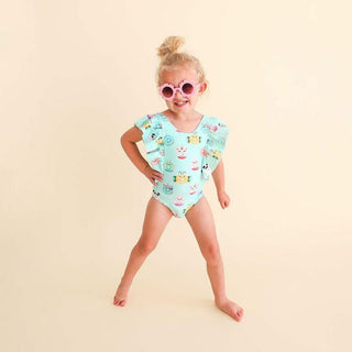 Girl's One Piece Ruffled Flutter Sleeve Swimsuit - Donuts Posh Peanut