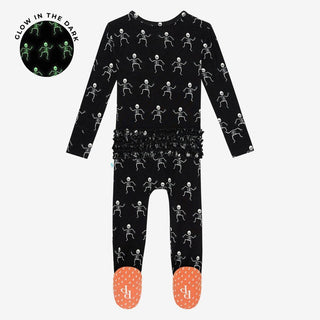 Girl's Bamboo Ruffle Footie with Zipper - Dancing Skelly Posh Peanut