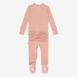 Girl's Solid Bamboo Ruffle Footie with Zipper - Desert Rose Waffle Posh Peanut