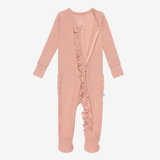 Girl's Solid Bamboo Ruffle Footie with Zipper - Desert Rose Waffle Posh Peanut