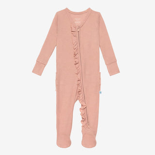 Girl's Solid Bamboo Ruffle Footie with Zipper - Desert Rose Waffle Posh Peanut