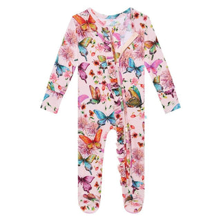 Girl's Bamboo Ruffle Footie with Zipper - Watercolor Butterfly Baby & Toddler Sleepwear