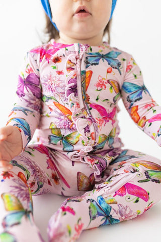 Girl's Bamboo Ruffle Footie with Zipper - Watercolor Butterfly Baby & Toddler Sleepwear