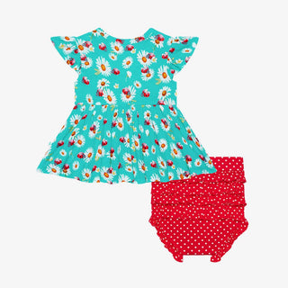 Girl's Bamboo Ruffled Cap Sleeve Basic Peplum Top & Bloomer Outfit Set - Ladybug Posh Peanut