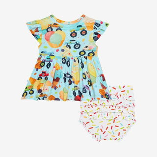 Posh Peanut Girls Ruffled Cap Sleeve Basic Peplum Top and Bloomer Outfit Set - Monster Trucks