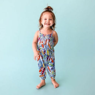 Girl's Bamboo Smocked Spaghetti Jumpsuit with Snaps - Wave (Surfboards) Baby One-Pieces