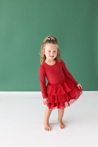 Posh Peanut Girl's Solid Bamboo Long Sleeve Tulle Dress - Ribbed Dark Red