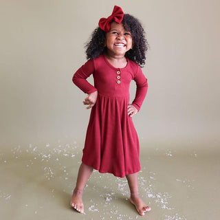 Girl's Solid Bamboo Long Sleeve Henley Twirl Dress, Bordeaux Waffle Baby & Toddler Dresses