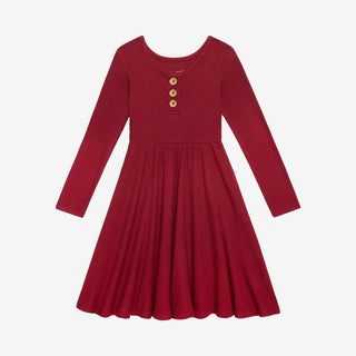 Girl's Solid Bamboo Long Sleeve Henley Twirl Dress, Bordeaux Waffle Baby & Toddler Dresses