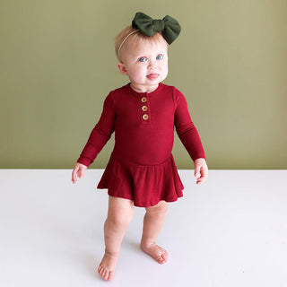 Posh Peanut Girls Solid Long Sleeve Henley Twirl Skirt Bodysuit, Bordeaux Waffle