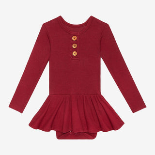 Girl's Solid Bamboo Long Sleeve Henley Twirl Skirt Bodysuit, Bordeaux Waffle Baby One-Pieces