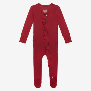 Posh Peanut Girls Solid Ruffle Footie with Zipper, Bordeaux Waffle