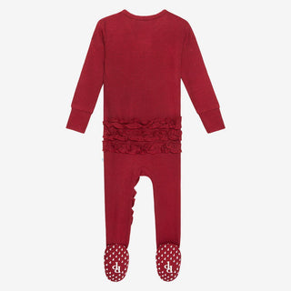 Girl's Solid Bamboo Ruffle Footie with Zipper, Bordeaux Waffle Posh Peanut