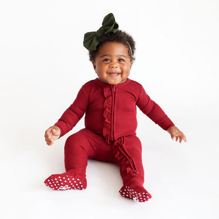 Posh Peanut Girls Solid Ruffle Footie with Zipper, Bordeaux Waffle