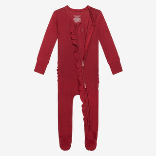 Girl's Solid Bamboo Ruffle Footie with Zipper, Bordeaux Waffle Posh Peanut