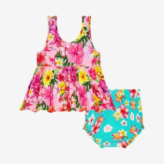 Posh Peanut Girls V-Neck Tank Top Peplum and Bloomer Outfit Set - Malana Hibiscus