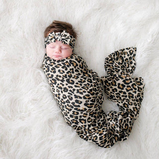 Infant Bamboo Swaddle and Headwrap Set - Lana Leopard Tan Posh Peanut