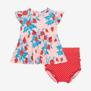 Posh Peanut Ruffled Cap Peplum Top and Bloomer Set - Strawberry