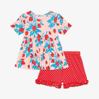 Posh Peanut Short Sleeve Peplum Top and Ruffled Short Set - Strawberry