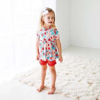 Posh Peanut Short Sleeve Peplum Top and Ruffled Short Set - Strawberry