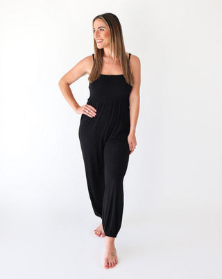 Posh Peanut Women's Smocked Spaghetti Jumpsuit - Black Ribbed | Baby Riddle