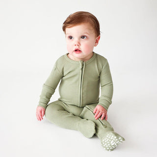 Solid Bamboo Footie with Zipper - Olive Waffle Baby & Toddler Sleepwear