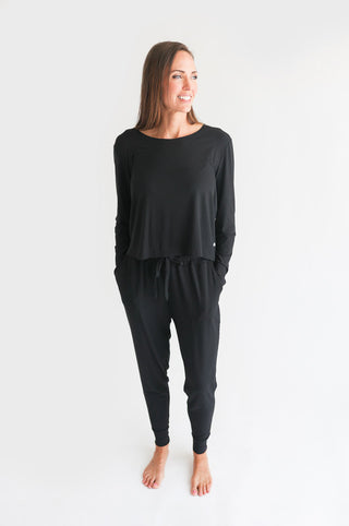 Posh Peanut Women's Scoop Neck Top & Jogger Pajama Set - Black Ribbed | Baby Riddle