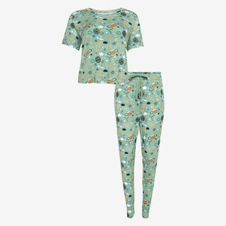 Posh Peanut Womens Short Sleeve Scoop Neck Top and Jogger Pajama Set - To The Stars | These Sleepies provide comfort and delightful designs for joyful bedtimes.