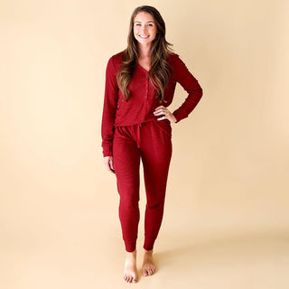 Posh Peanut Womens Solid Long Sleeve Pajama Set - Maroon Waffle