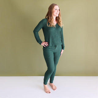 Women's Solid Bamboo Long Sleeve Pajama Set, Pine Waffle Pajamas