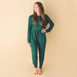 Posh Peanut Womens Solid Long Sleeve Scoop Neck Top and Jogger Pajama Set - Hunter Green Waffle