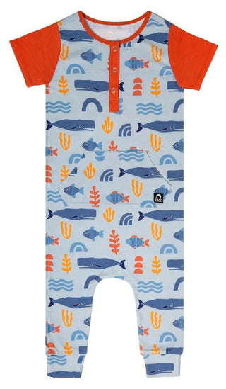 Rags Boys Retro Short Sleeve Henley Kangaroo Pocket Rag Romper - Abstract Ocean