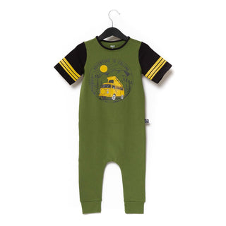 Rags Boys Retro Short Sleeve Rag Romper - Adventure is Calling - Cedar Green