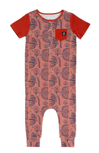 Boy's Short Sleeve Henley Pocket Rag Romper - Birds - Copper Brown Baby One-Pieces